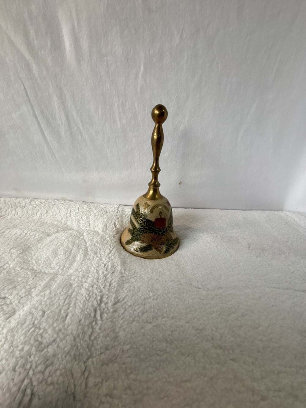 Vintage Brass Christmas Hand Bell with Painted Holiday Floral Design